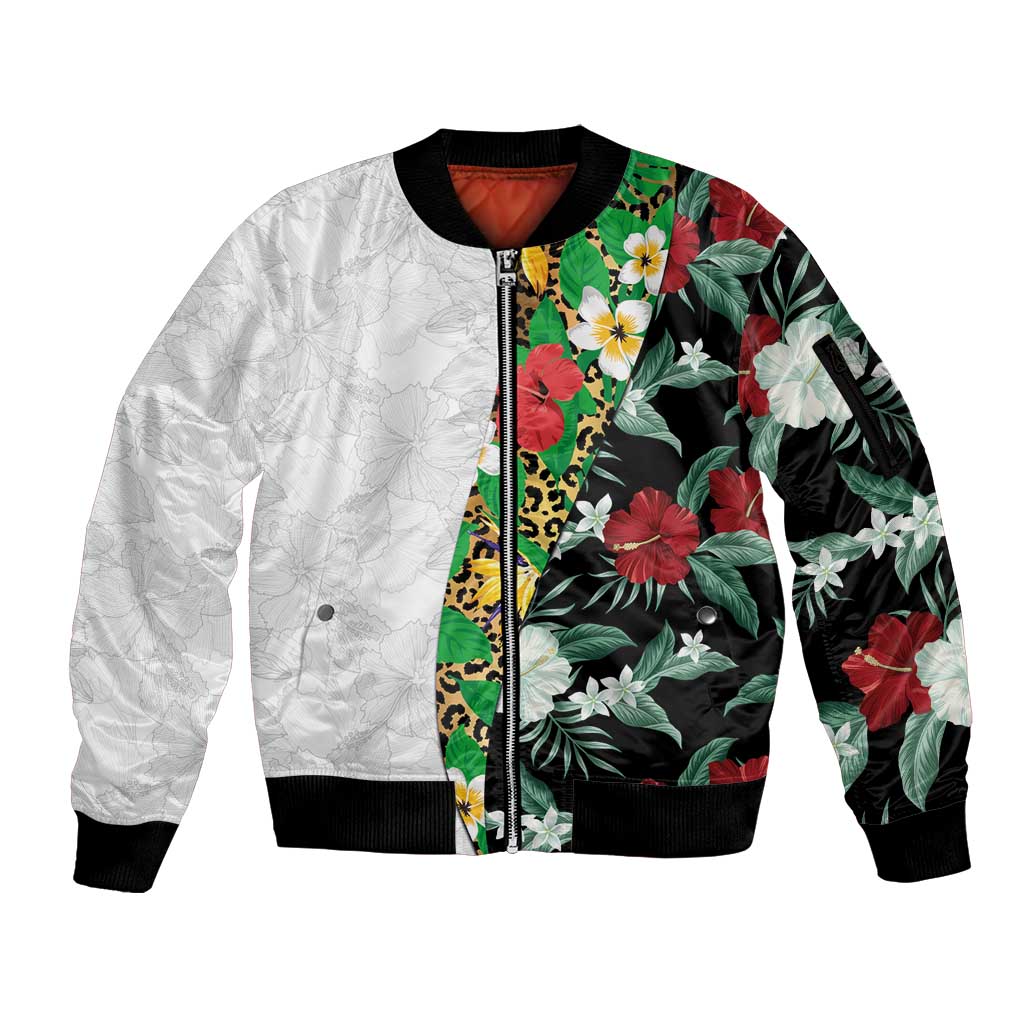 Hawaiian Tropical Flowers and Leaves Sleeve Zip Bomber Jacket on Leopard Pattern Half Style White-Black Version - Polynesian Pride