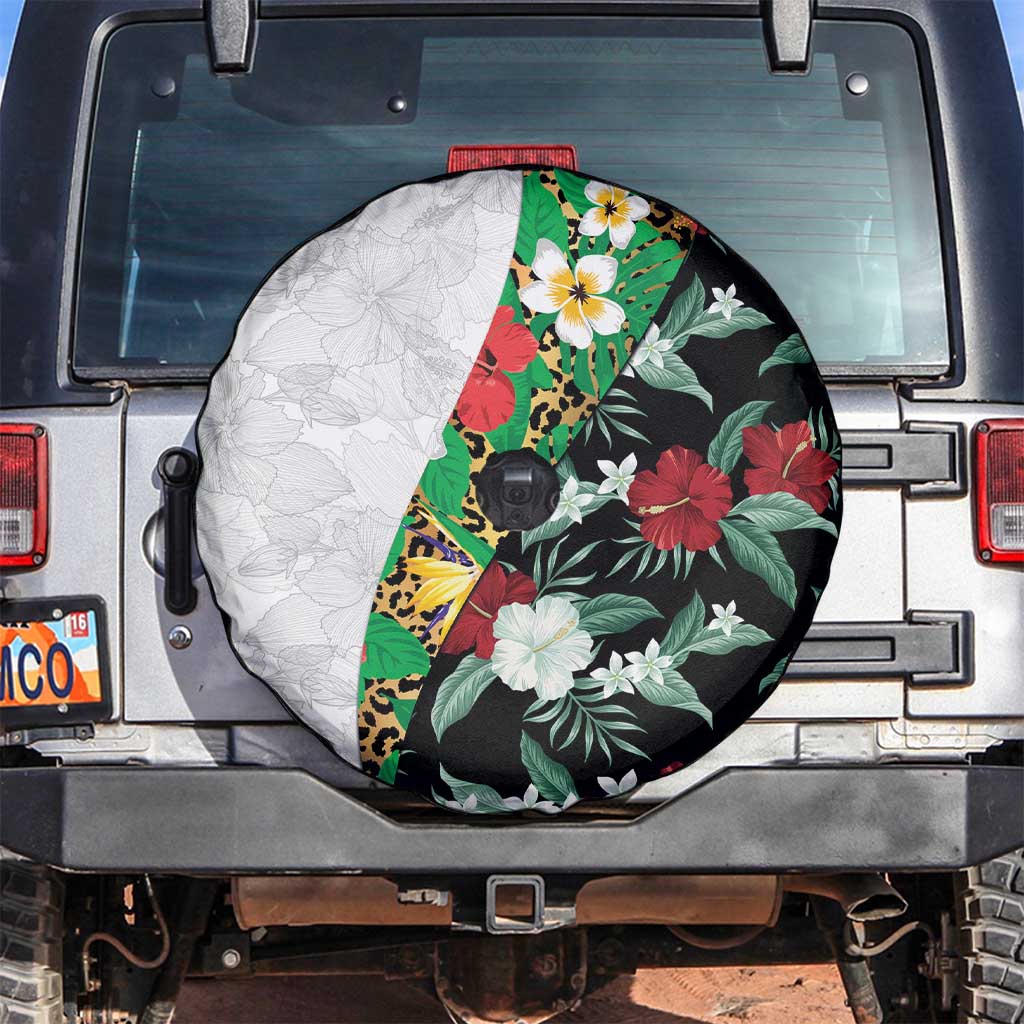 Hawaiian Tropical Flowers and Leaves Spare Tire Cover on Leopard Pattern Half Style White-Black Version - Polynesian Pride