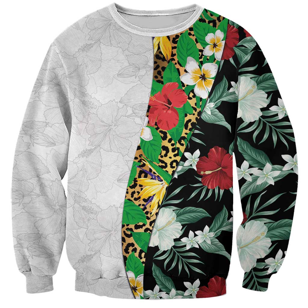 Hawaiian Tropical Flowers and Leaves Sweatshirt on Leopard Pattern Half Style White-Black Version - Polynesian Pride