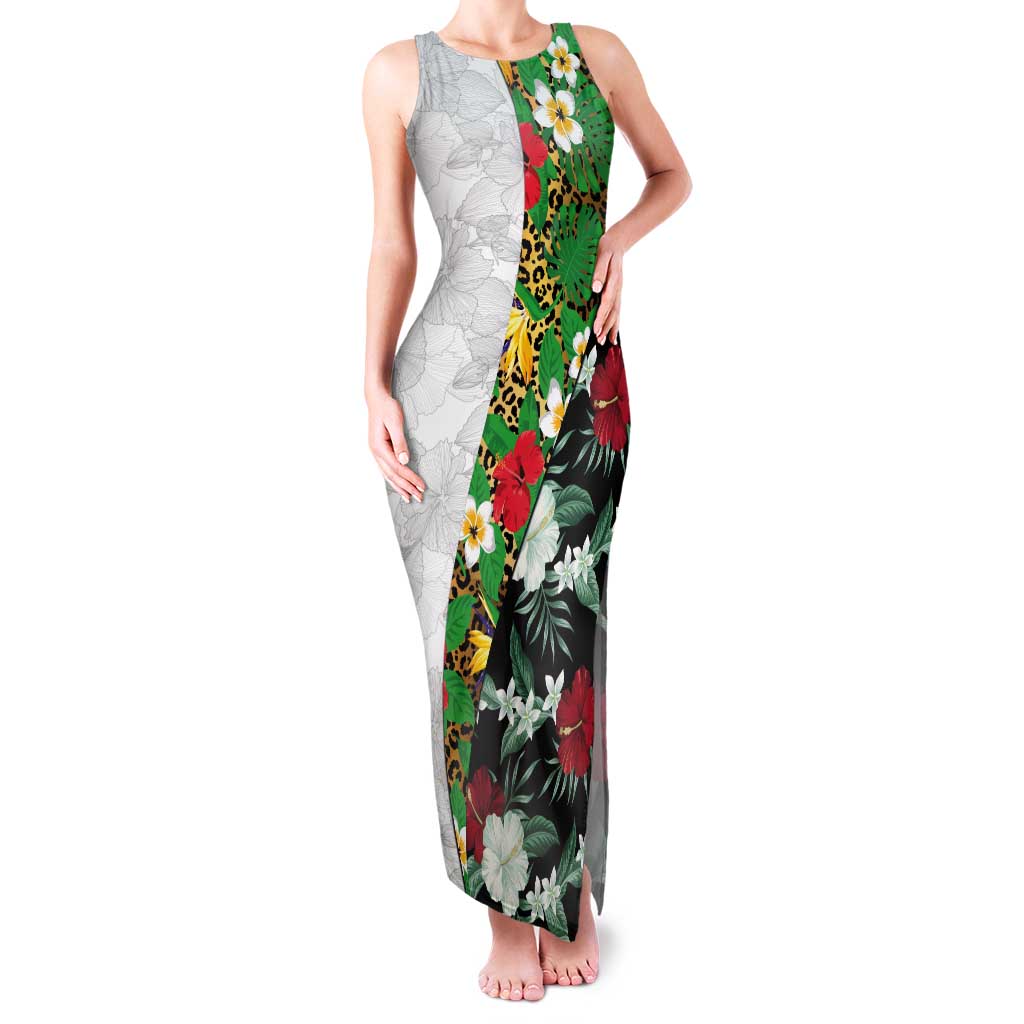 Hawaiian Tropical Flowers and Leaves Tank Maxi Dress on Leopard Pattern Half Style White-Black Version - Polynesian Pride