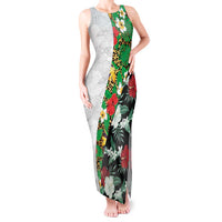 Hawaiian Tropical Flowers and Leaves Tank Maxi Dress on Leopard Pattern Half Style White-Black Version - Polynesian Pride