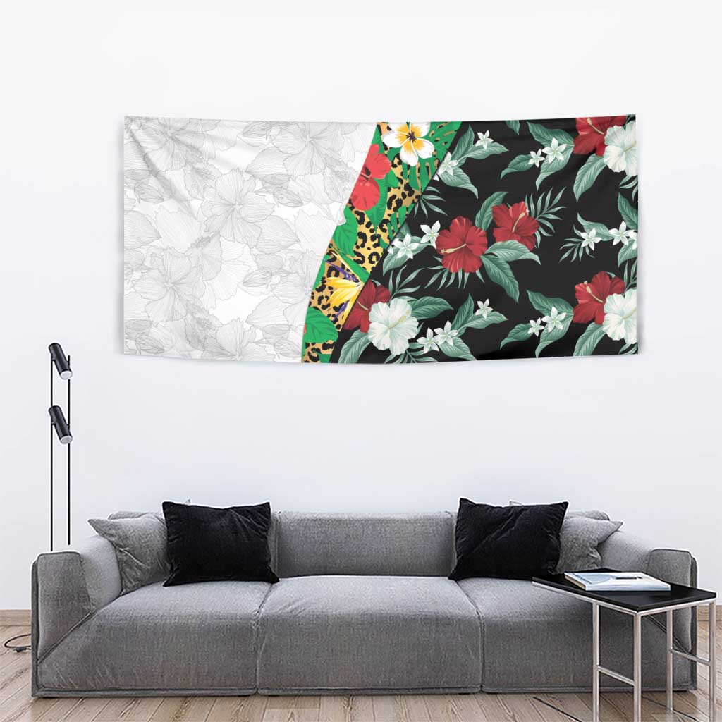 Hawaiian Tropical Flowers and Leaves Tapestry on Leopard Pattern Half Style White-Black Version - Polynesian Pride
