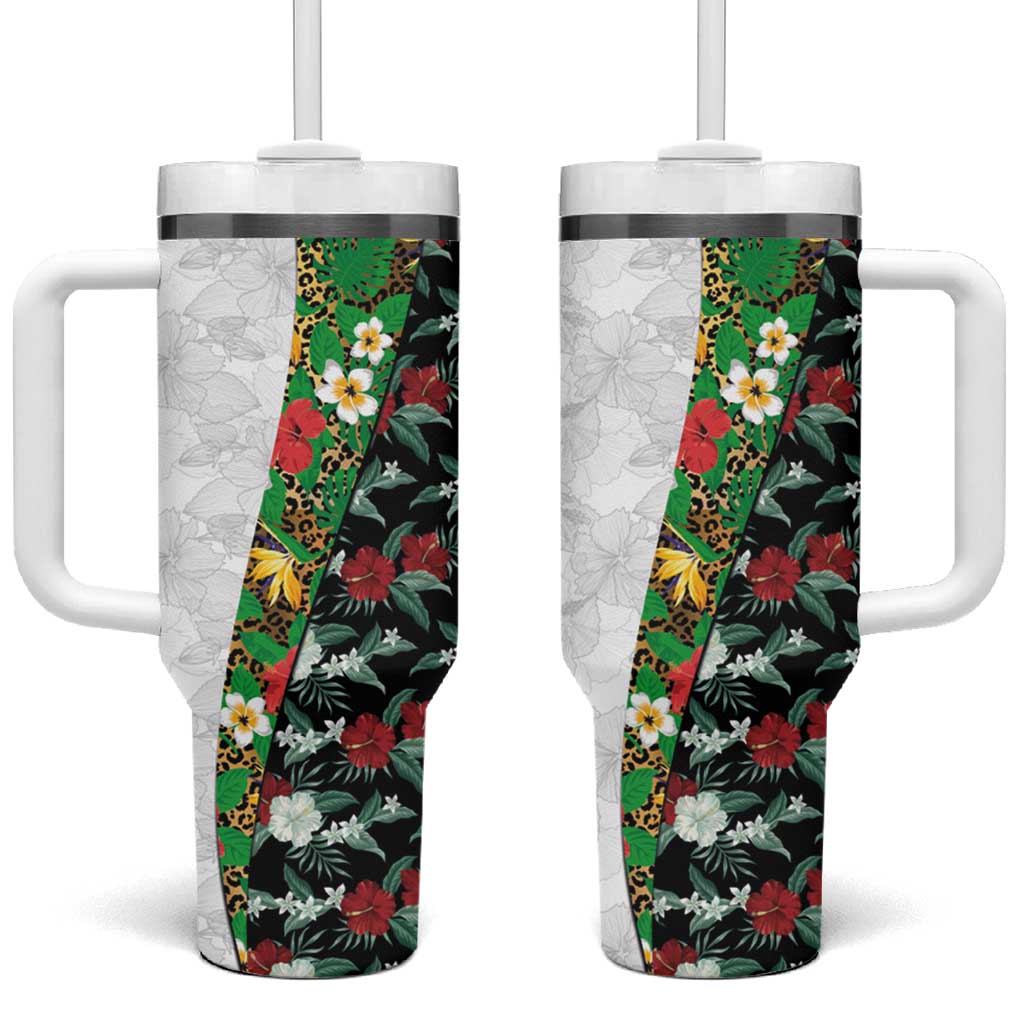 Hawaiian Tropical Flowers and Leaves Tumbler With Handle on Leopard Pattern Half Style White-Black Version - Polynesian Pride