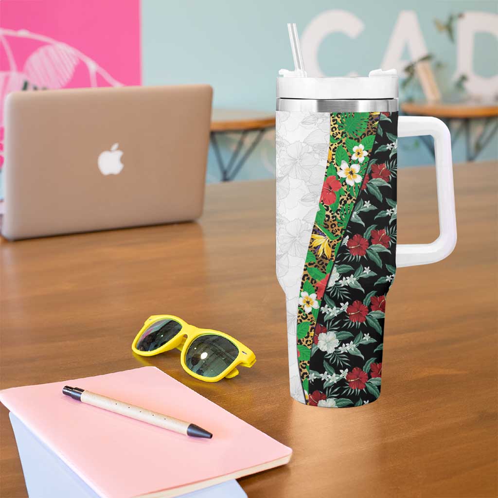 Hawaiian Tropical Flowers and Leaves Tumbler With Handle on Leopard Pattern Half Style White-Black Version - Polynesian Pride