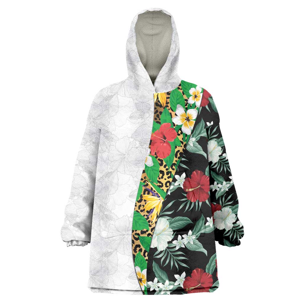Hawaiian Tropical Flowers and Leaves Wearable Blanket Hoodie on Leopard Pattern Half Style White-Black Version - Polynesian Pride