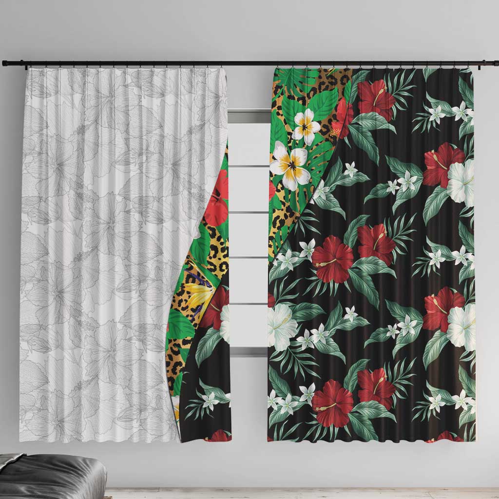 Hawaiian Tropical Flowers and Leaves Window Curtain on Leopard Pattern Half Style White-Black Version LT03 With Hooks White - Polynesian Pride