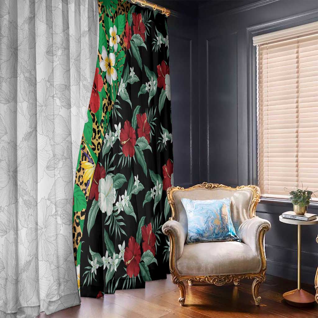Hawaiian Tropical Flowers and Leaves Window Curtain on Leopard Pattern Half Style White-Black Version LT03 - Polynesian Pride