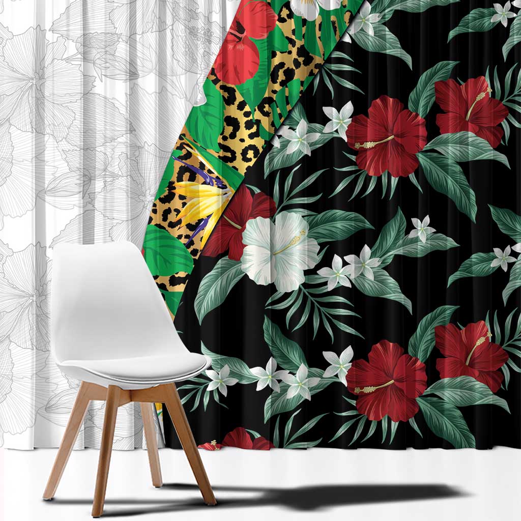Hawaiian Tropical Flowers and Leaves Window Curtain on Leopard Pattern Half Style White-Black Version LT03 - Polynesian Pride