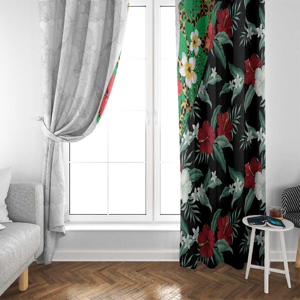 Hawaiian Tropical Flowers and Leaves Window Curtain on Leopard Pattern Half Style White-Black Version LT03 - Polynesian Pride