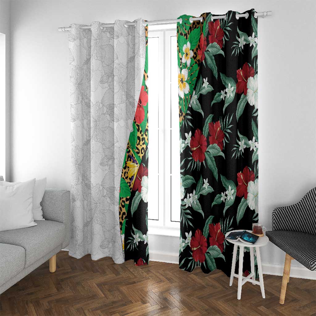 Hawaiian Tropical Flowers and Leaves Window Curtain on Leopard Pattern Half Style White-Black Version LT03 With Grommets White - Polynesian Pride