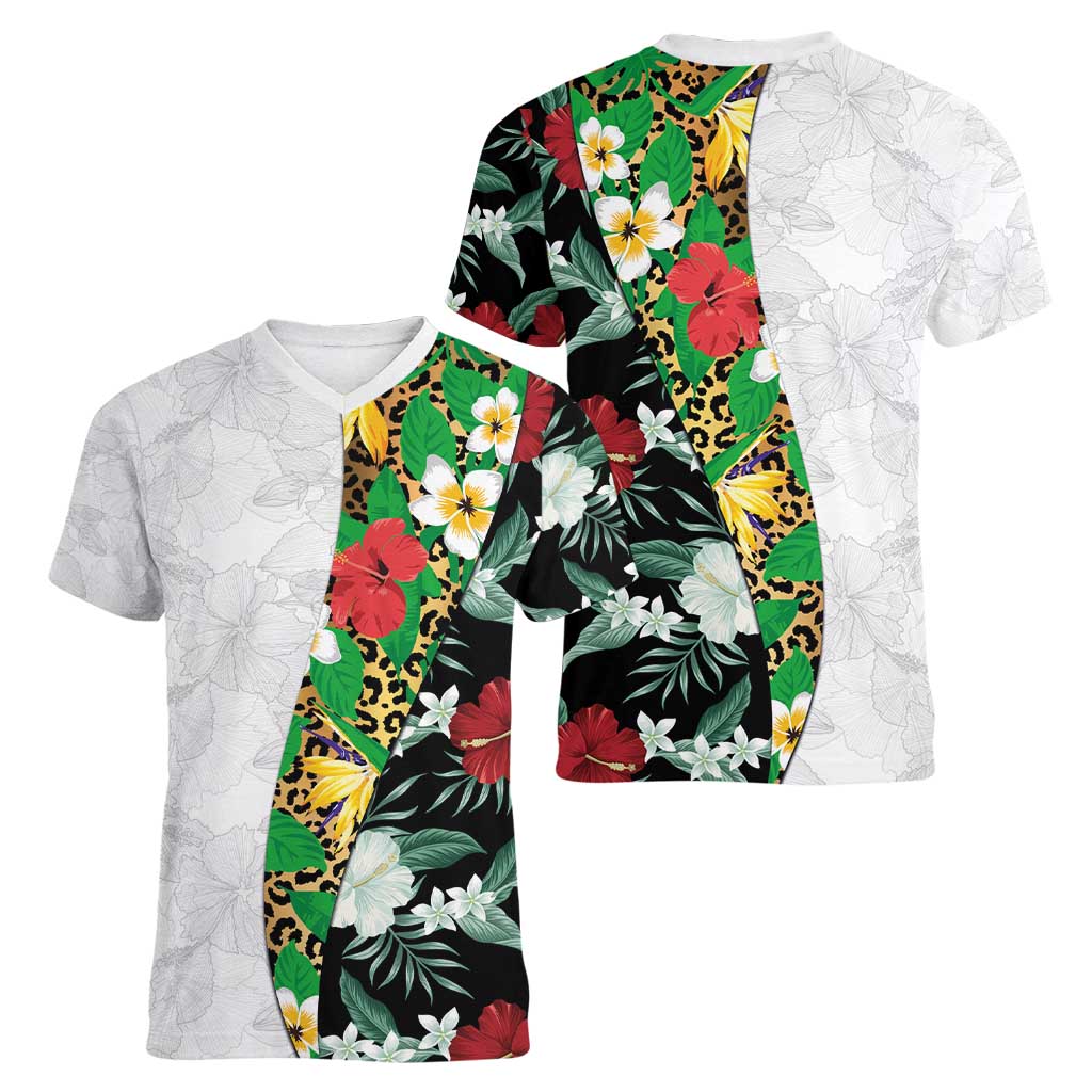 Hawaiian Tropical Flowers and Leaves Women V-Neck T-Shirt on Leopard Pattern Half Style White-Black Version - Polynesian Pride