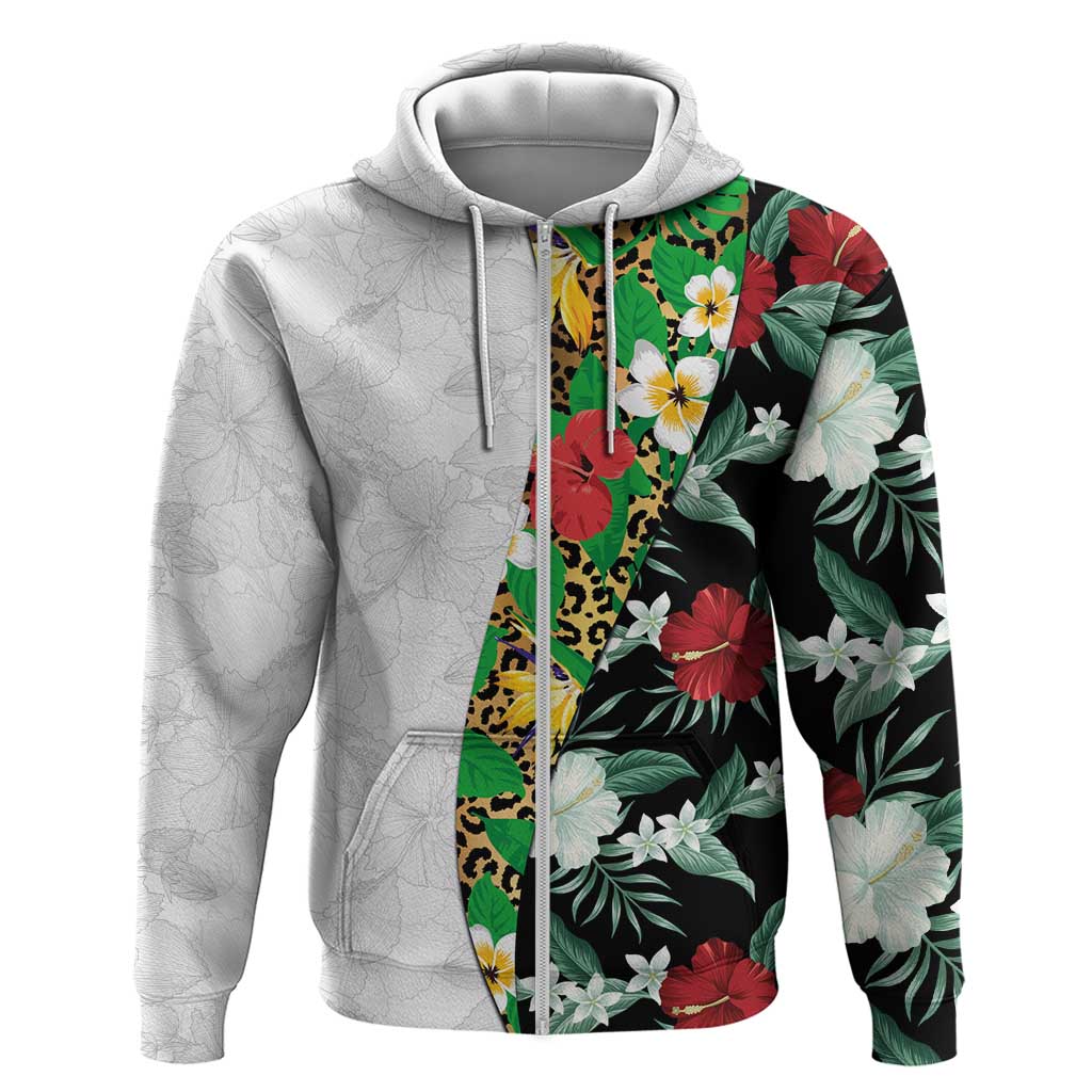Hawaiian Tropical Flowers and Leaves Zip Hoodie on Leopard Pattern Half Style White-Black Version LT03 Zip Hoodie White - Polynesian Pride