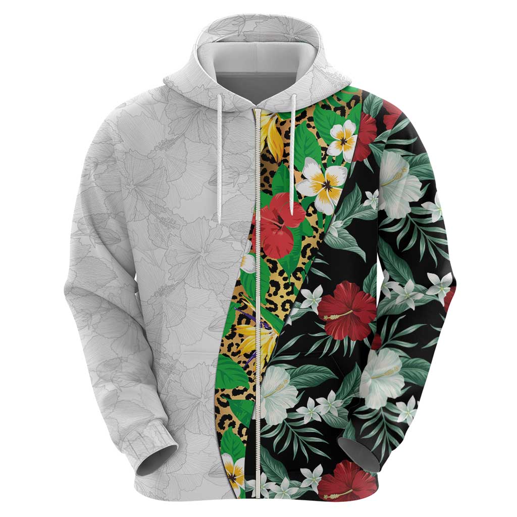 Hawaiian Tropical Flowers and Leaves Zip Hoodie on Leopard Pattern Half Style White-Black Version LT03 - Polynesian Pride