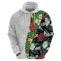 Hawaiian Tropical Flowers and Leaves Zip Hoodie on Leopard Pattern Half Style White-Black Version LT03 - Polynesian Pride