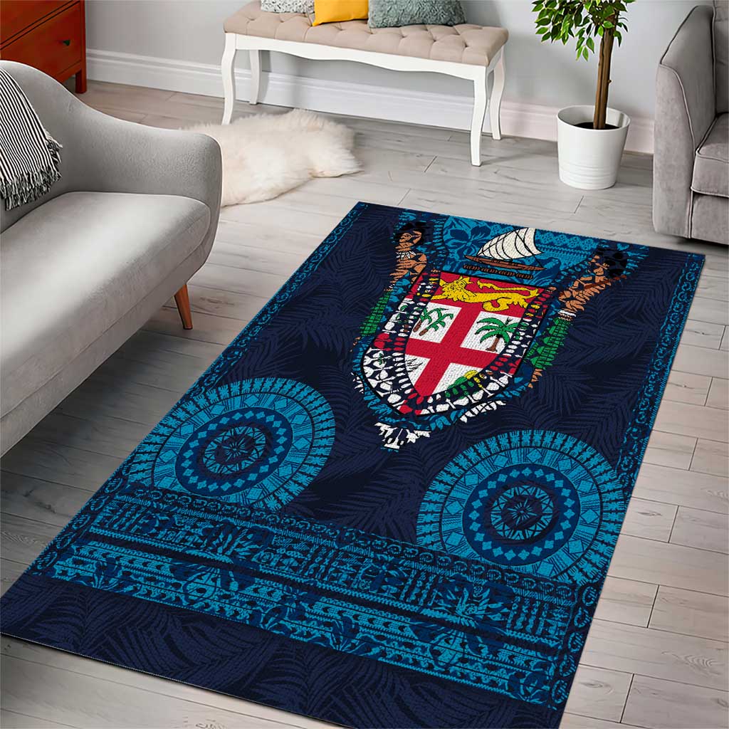 Fiji Coat of Arms Traditional Dashiki Area Rug Tapa Art and Palm Leaves Pattern Dark Navy Color LT03 - Polynesian Pride
