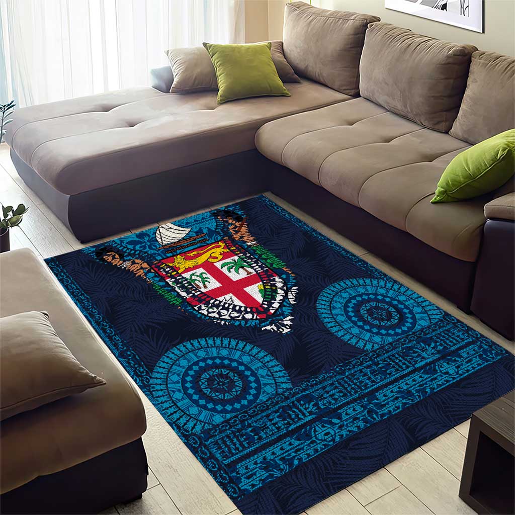Fiji Coat of Arms Traditional Dashiki Area Rug Tapa Art and Palm Leaves Pattern Dark Navy Color LT03 - Polynesian Pride