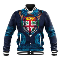 Fiji Coat of Arms Traditional Dashiki Baseball Jacket Tapa Art and Palm Leaves Pattern Dark Navy Color - Polynesian Pride