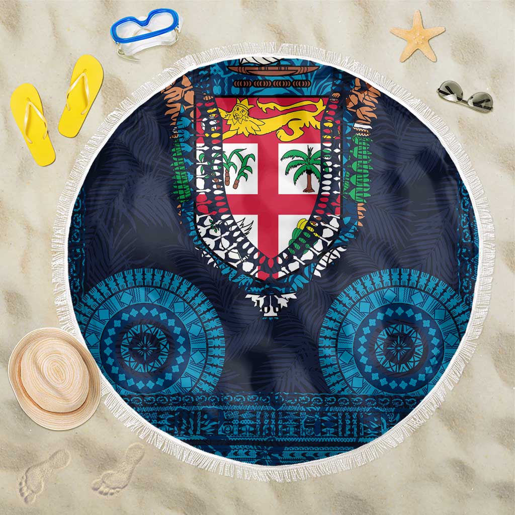 Fiji Coat of Arms Traditional Dashiki Beach Blanket Tapa Art and Palm Leaves Pattern Dark Navy Color - Polynesian Pride