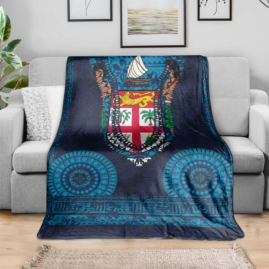 Fiji Coat of Arms Traditional Dashiki Blanket Tapa Art and Palm Leaves Pattern Dark Navy Color - Polynesian Pride