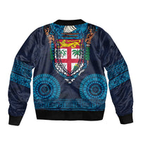 Fiji Coat of Arms Traditional Dashiki Bomber Jacket Tapa Art and Palm Leaves Pattern Dark Navy Color - Polynesian Pride