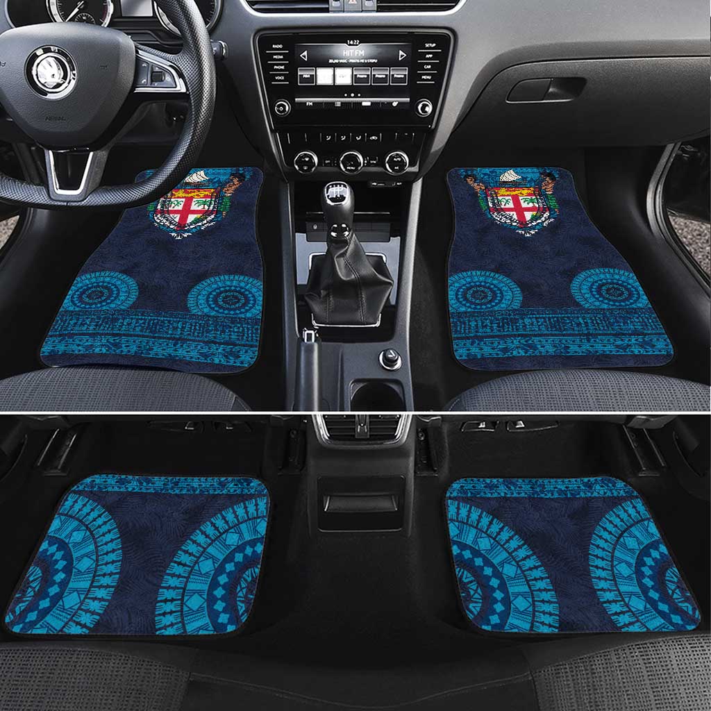 Fiji Coat of Arms Traditional Dashiki Car Mats Tapa Art and Palm Leaves Pattern Dark Navy Color LT03 Set 4pcs Navy - Polynesian Pride