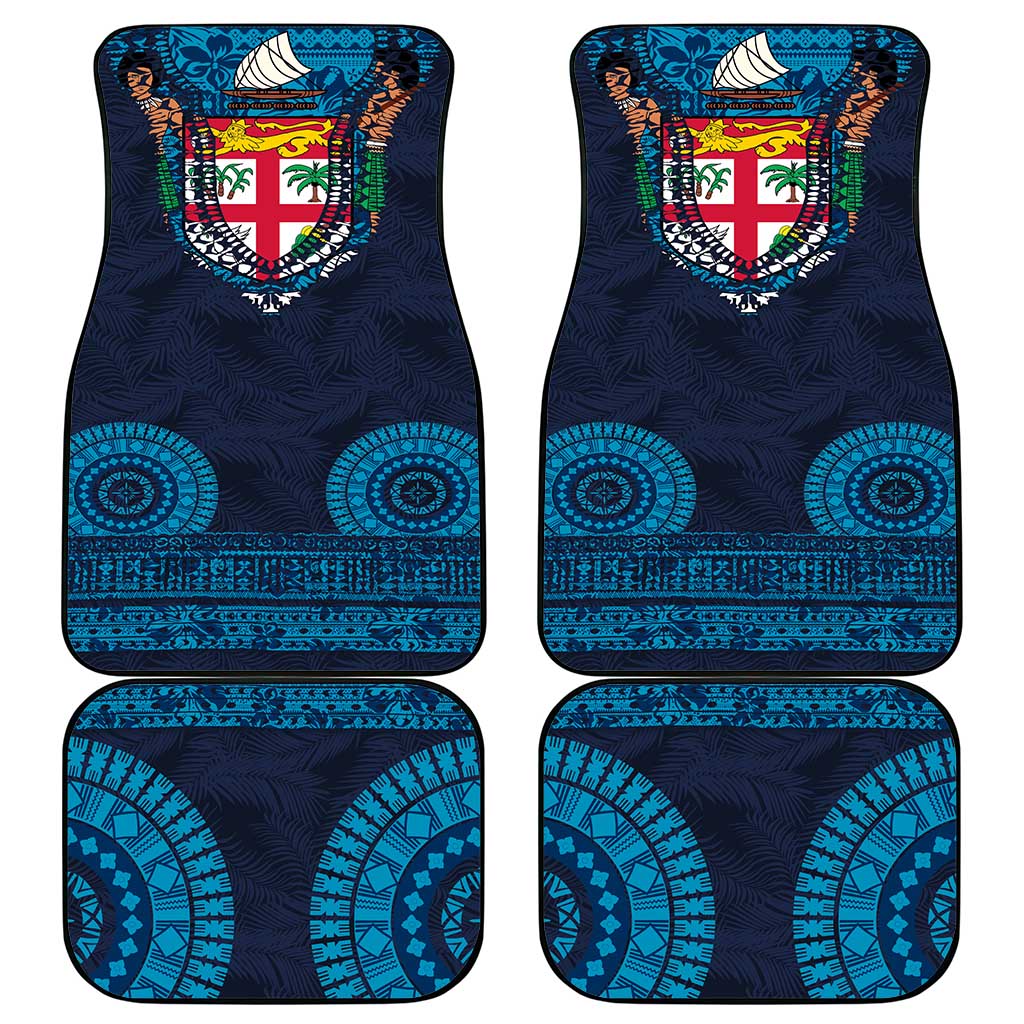Fiji Coat of Arms Traditional Dashiki Car Mats Tapa Art and Palm Leaves Pattern Dark Navy Color LT03 - Polynesian Pride