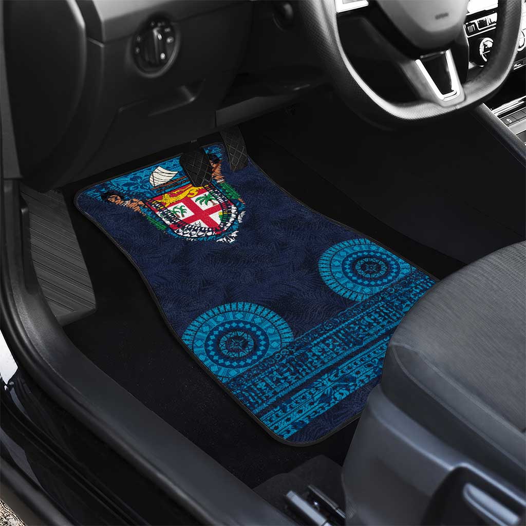 Fiji Coat of Arms Traditional Dashiki Car Mats Tapa Art and Palm Leaves Pattern Dark Navy Color LT03 - Polynesian Pride
