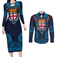 Fiji Coat of Arms Traditional Dashiki Couples Matching Long Sleeve Bodycon Dress and Long Sleeve Button Shirt Tapa Art and Palm Leaves Pattern Dark Navy Color - Polynesian Pride