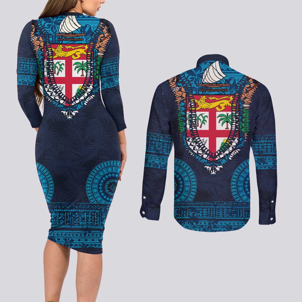 Fiji Coat of Arms Traditional Dashiki Couples Matching Long Sleeve Bodycon Dress and Long Sleeve Button Shirt Tapa Art and Palm Leaves Pattern Dark Navy Color - Polynesian Pride