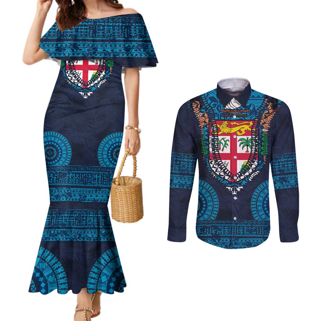 Fiji Coat of Arms Traditional Dashiki Couples Matching Mermaid Dress and Long Sleeve Button Shirt Tapa Art and Palm Leaves Pattern Dark Navy Color - Polynesian Pride