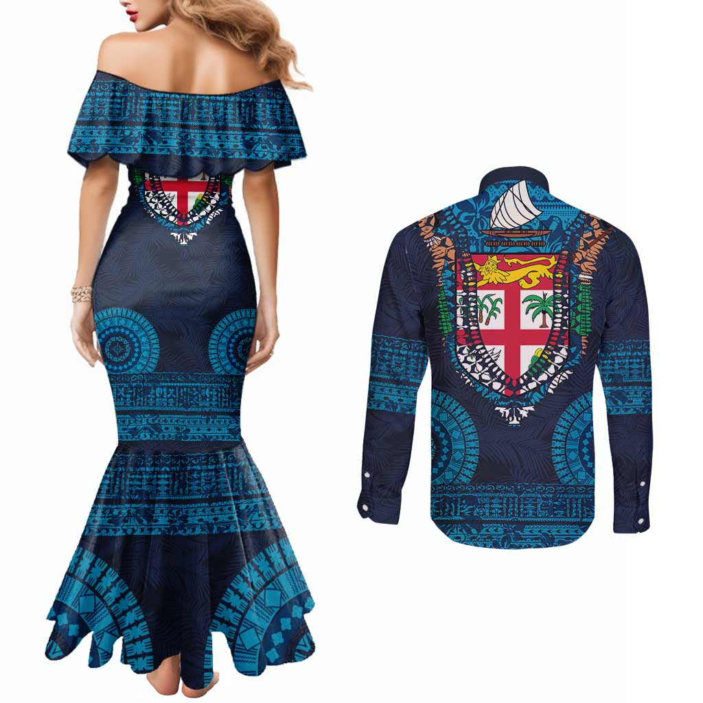 Fiji Coat of Arms Traditional Dashiki Couples Matching Mermaid Dress and Long Sleeve Button Shirt Tapa Art and Palm Leaves Pattern Dark Navy Color - Polynesian Pride