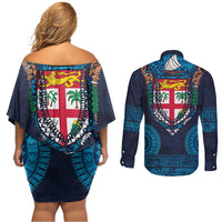 Fiji Coat of Arms Traditional Dashiki Couples Matching Off Shoulder Short Dress and Long Sleeve Button Shirt Tapa Art and Palm Leaves Pattern Dark Navy Color - Polynesian Pride