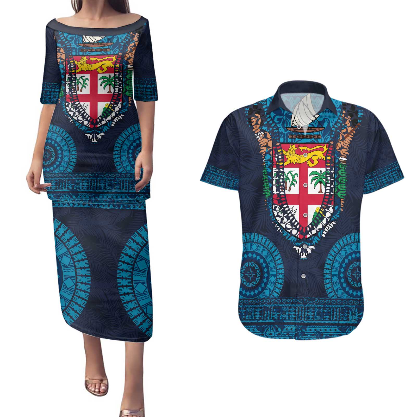 Fiji Coat of Arms Traditional Dashiki Couples Matching Puletasi and Hawaiian Shirt Tapa Art and Palm Leaves Pattern Dark Navy Color - Polynesian Pride