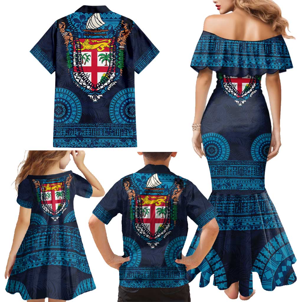 Fiji Coat of Arms Traditional Dashiki Family Matching Mermaid Dress and Hawaiian Shirt Tapa Art and Palm Leaves Pattern Dark Navy Color - Polynesian Pride