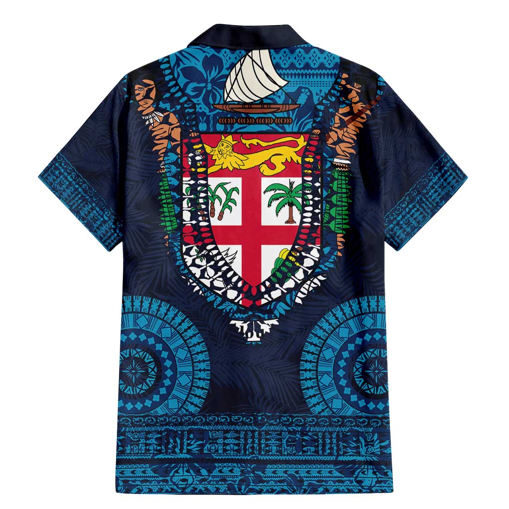 Fiji Coat of Arms Traditional Dashiki Family Matching Mermaid Dress and Hawaiian Shirt Tapa Art and Palm Leaves Pattern Dark Navy Color - Polynesian Pride
