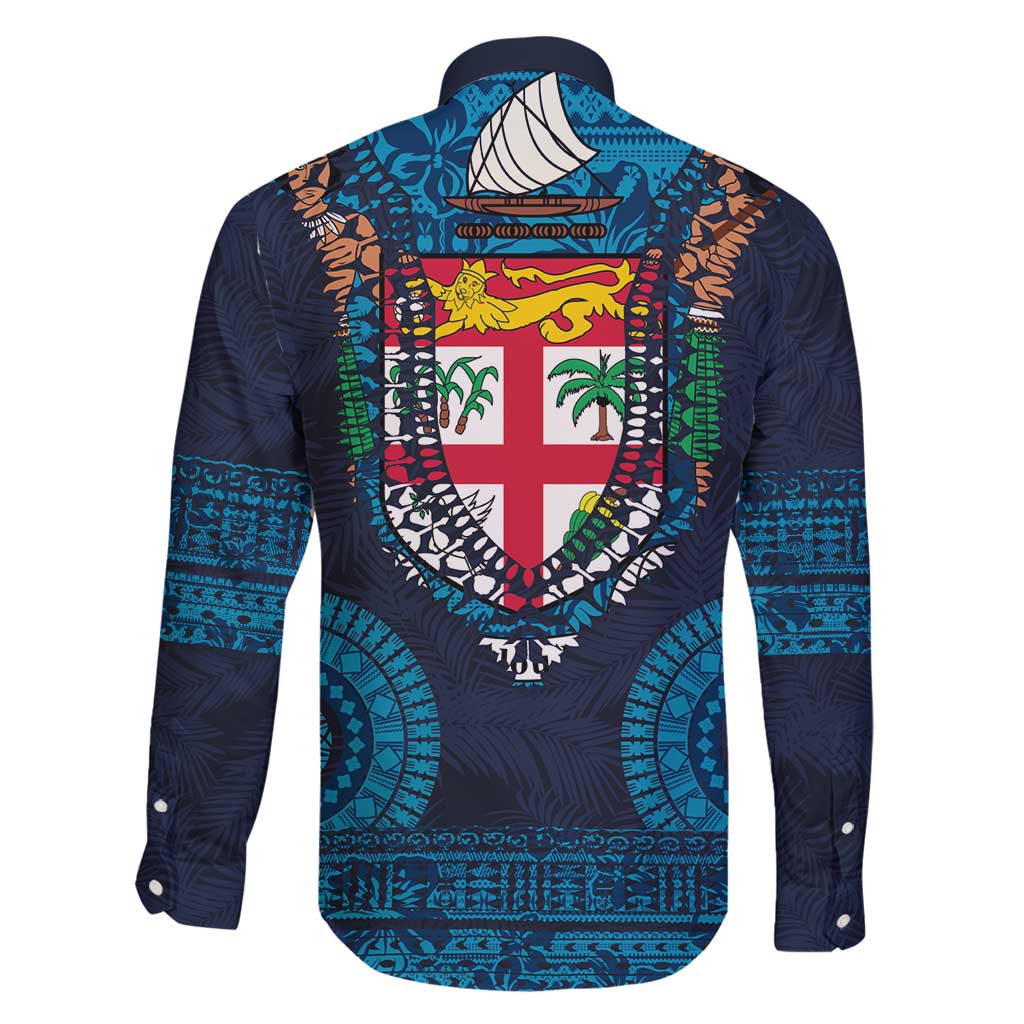 Fiji Coat of Arms Traditional Dashiki Family Matching Mermaid Dress and Hawaiian Shirt Tapa Art and Palm Leaves Pattern Dark Navy Color - Polynesian Pride