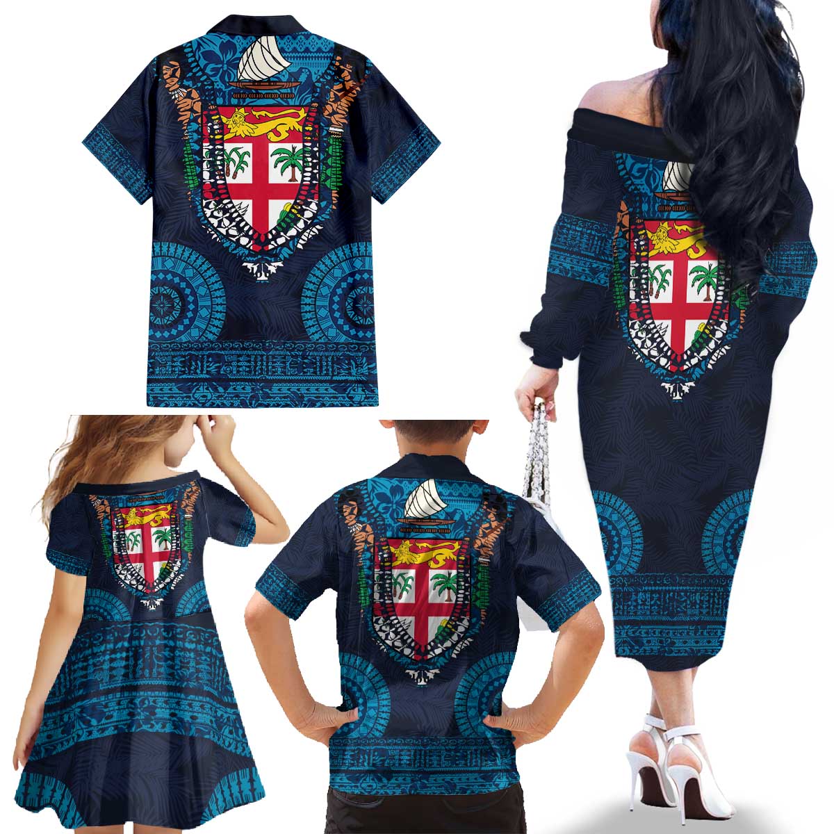 Fiji Coat of Arms Traditional Dashiki Family Matching Off The Shoulder Long Sleeve Dress and Hawaiian Shirt Tapa Art and Palm Leaves Pattern Dark Navy Color - Polynesian Pride