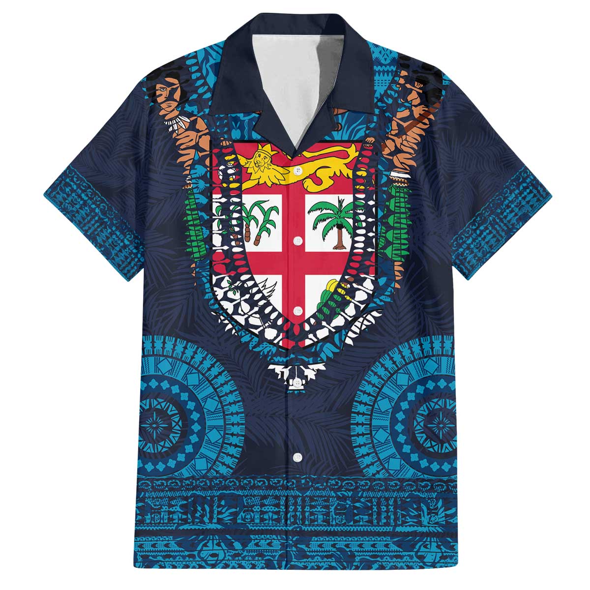 Fiji Coat of Arms Traditional Dashiki Family Matching Off The Shoulder Long Sleeve Dress and Hawaiian Shirt Tapa Art and Palm Leaves Pattern Dark Navy Color - Polynesian Pride