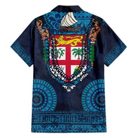 Fiji Coat of Arms Traditional Dashiki Family Matching Off Shoulder Maxi Dress and Hawaiian Shirt Tapa Art and Palm Leaves Pattern Dark Navy Color - Polynesian Pride