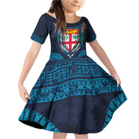 Fiji Coat of Arms Traditional Dashiki Family Matching Off Shoulder Short Dress and Hawaiian Shirt Tapa Art and Palm Leaves Pattern Dark Navy Color - Polynesian Pride
