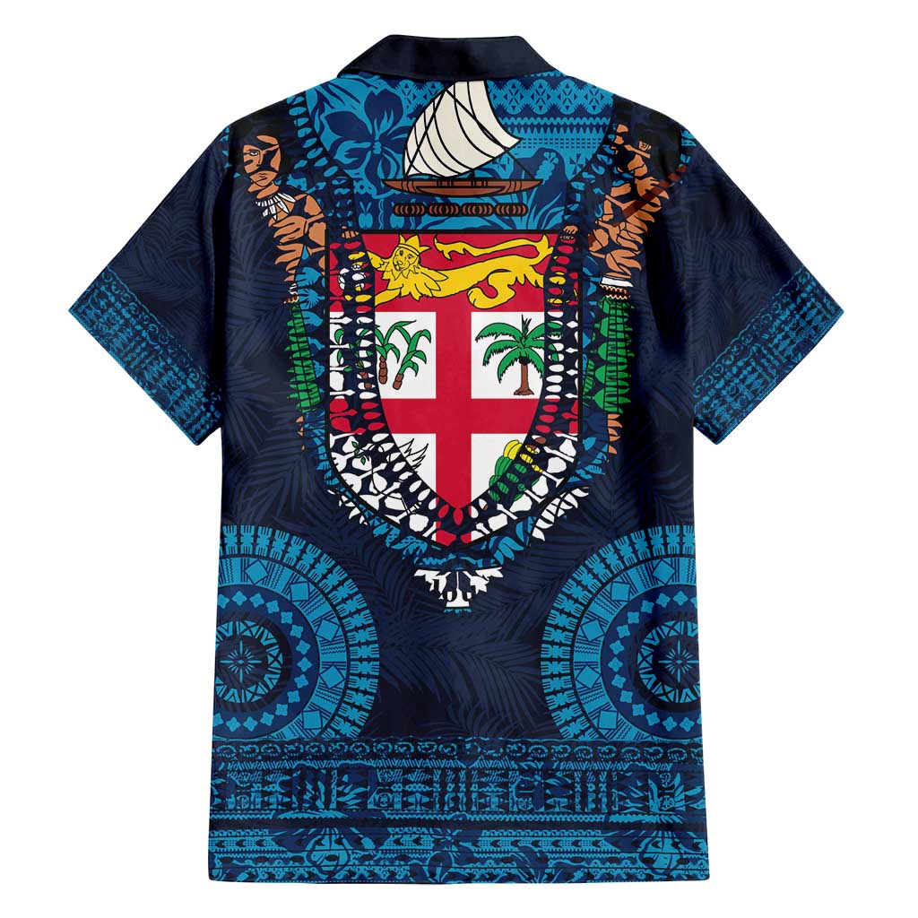 Fiji Coat of Arms Traditional Dashiki Family Matching Off Shoulder Short Dress and Hawaiian Shirt Tapa Art and Palm Leaves Pattern Dark Navy Color - Polynesian Pride