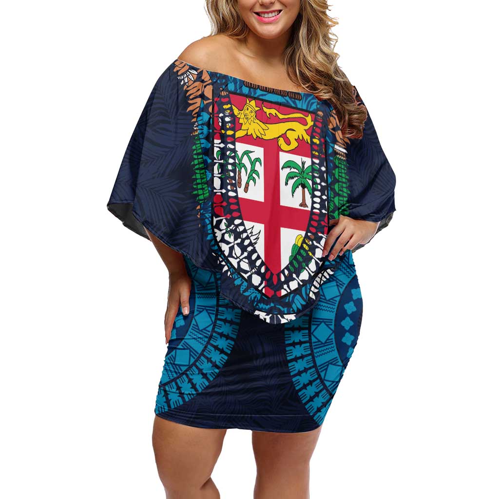 Fiji Coat of Arms Traditional Dashiki Family Matching Off Shoulder Short Dress and Hawaiian Shirt Tapa Art and Palm Leaves Pattern Dark Navy Color - Polynesian Pride
