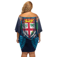 Fiji Coat of Arms Traditional Dashiki Family Matching Off Shoulder Short Dress and Hawaiian Shirt Tapa Art and Palm Leaves Pattern Dark Navy Color - Polynesian Pride