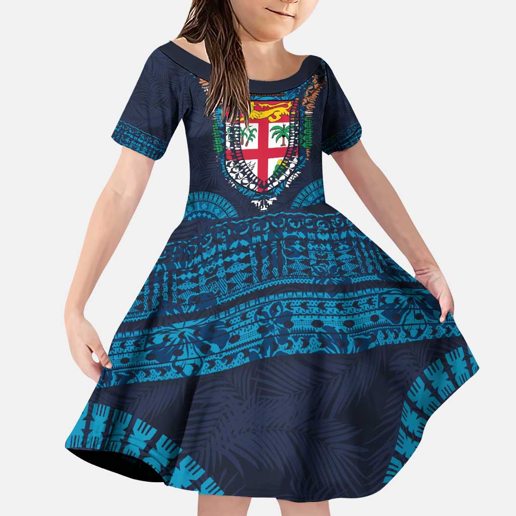 Fiji Coat of Arms Traditional Dashiki Family Matching Puletasi and Hawaiian Shirt Tapa Art and Palm Leaves Pattern Dark Navy Color - Polynesian Pride