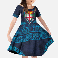 Fiji Coat of Arms Traditional Dashiki Family Matching Puletasi and Hawaiian Shirt Tapa Art and Palm Leaves Pattern Dark Navy Color - Polynesian Pride
