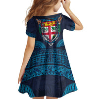 Fiji Coat of Arms Traditional Dashiki Family Matching Puletasi and Hawaiian Shirt Tapa Art and Palm Leaves Pattern Dark Navy Color - Polynesian Pride