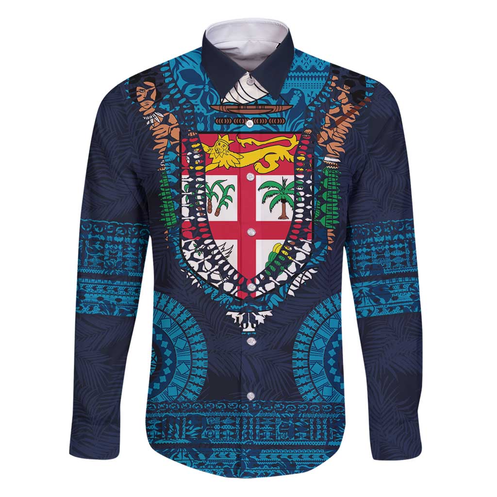 Fiji Coat of Arms Traditional Dashiki Family Matching Puletasi and Hawaiian Shirt Tapa Art and Palm Leaves Pattern Dark Navy Color - Polynesian Pride