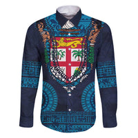 Fiji Coat of Arms Traditional Dashiki Family Matching Puletasi and Hawaiian Shirt Tapa Art and Palm Leaves Pattern Dark Navy Color - Polynesian Pride