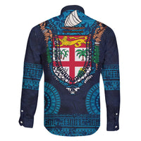 Fiji Coat of Arms Traditional Dashiki Family Matching Puletasi and Hawaiian Shirt Tapa Art and Palm Leaves Pattern Dark Navy Color - Polynesian Pride