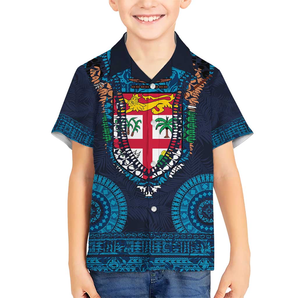 Fiji Coat of Arms Traditional Dashiki Family Matching Short Sleeve Bodycon Dress and Hawaiian Shirt Tapa Art and Palm Leaves Pattern Dark Navy Color - Polynesian Pride